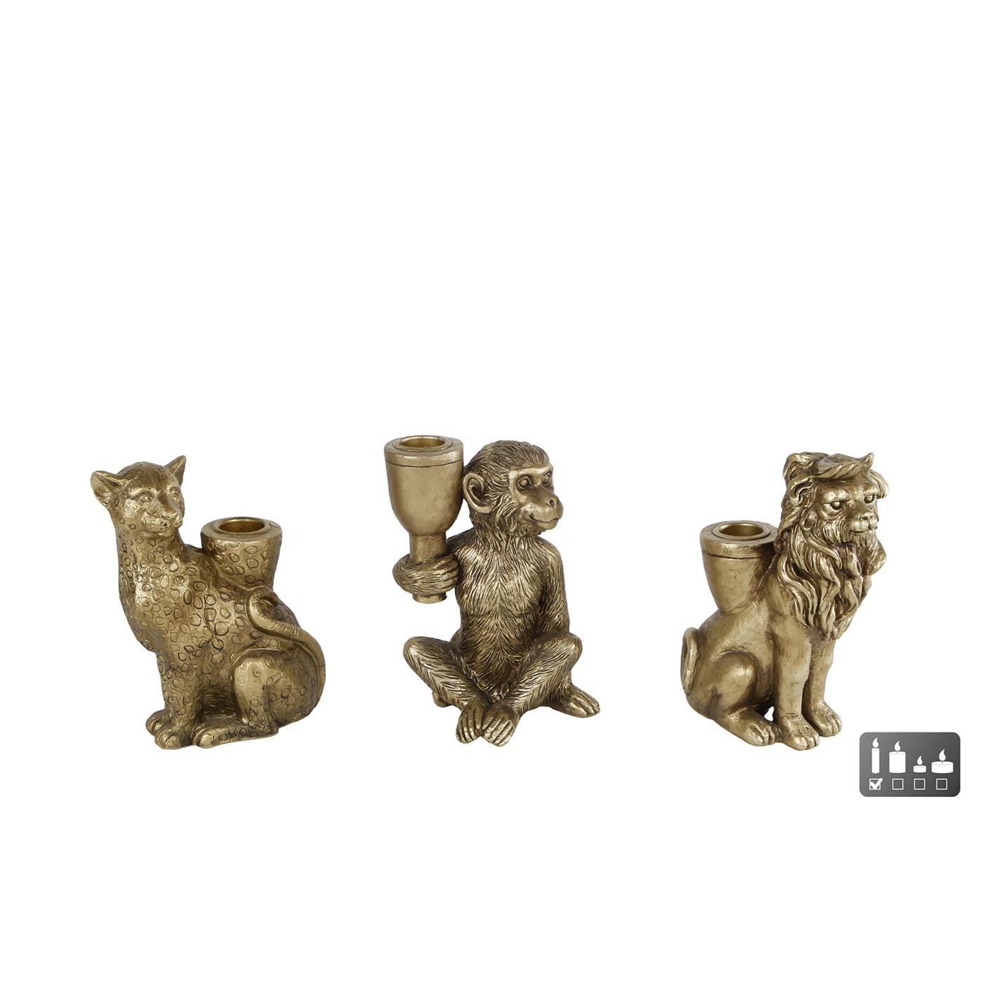 Kandelaar Monkey-Leopard-Lion Goud Polystone 11x6x15cm