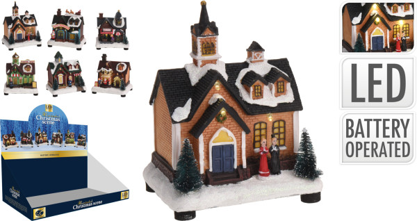 Beeld Kersttafereel kerk LED 15cm