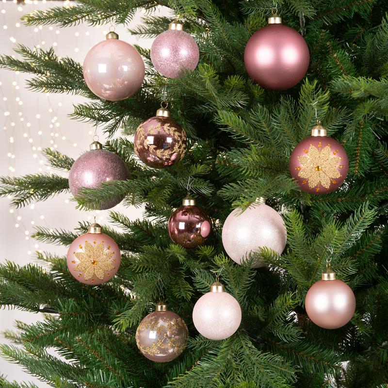 Kerstballenset Glas Assorti Maten En Decoratie Box A 12stuks Roze