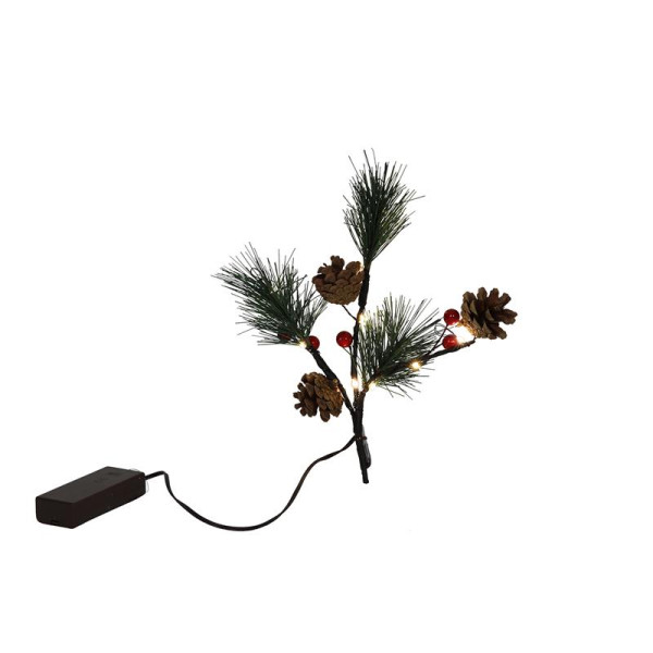 Kunsttak red berry, pineleaf 10LED 20cm