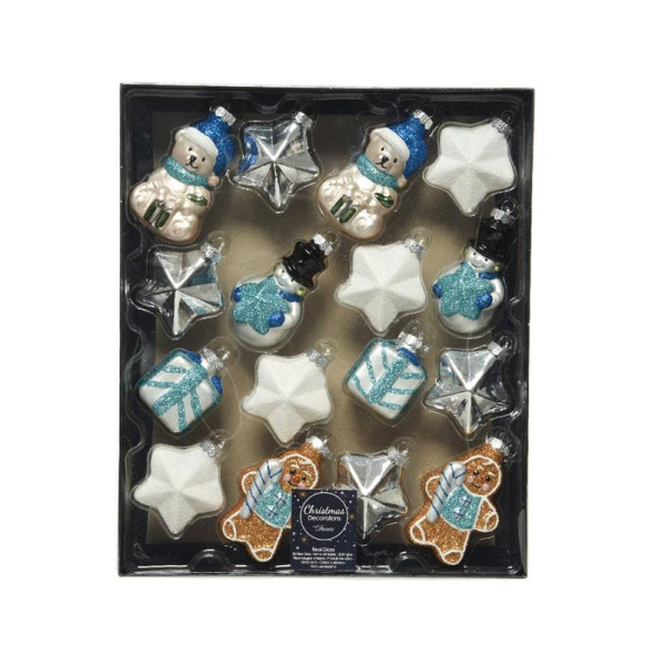 Kerstballen mix glas 16 stuks blauw