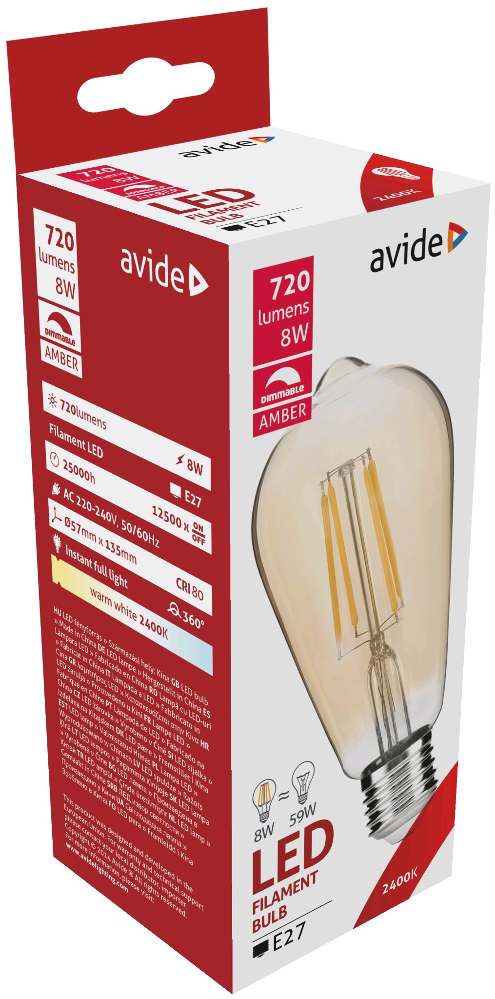 Avide LED Filament Globe Dimmable Amber Coating ST57 8W E27 360? Warmwit 2400K