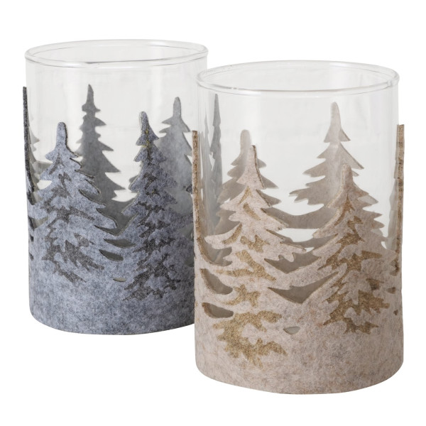 Theelichthouder glas m. kerstbomen H12cm