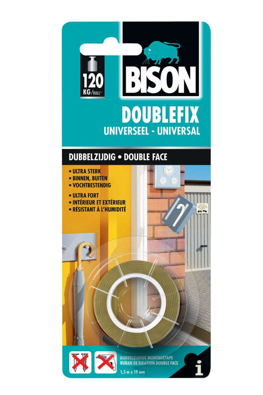 Bison Dubbel Fix rol 19 mm wit kaart