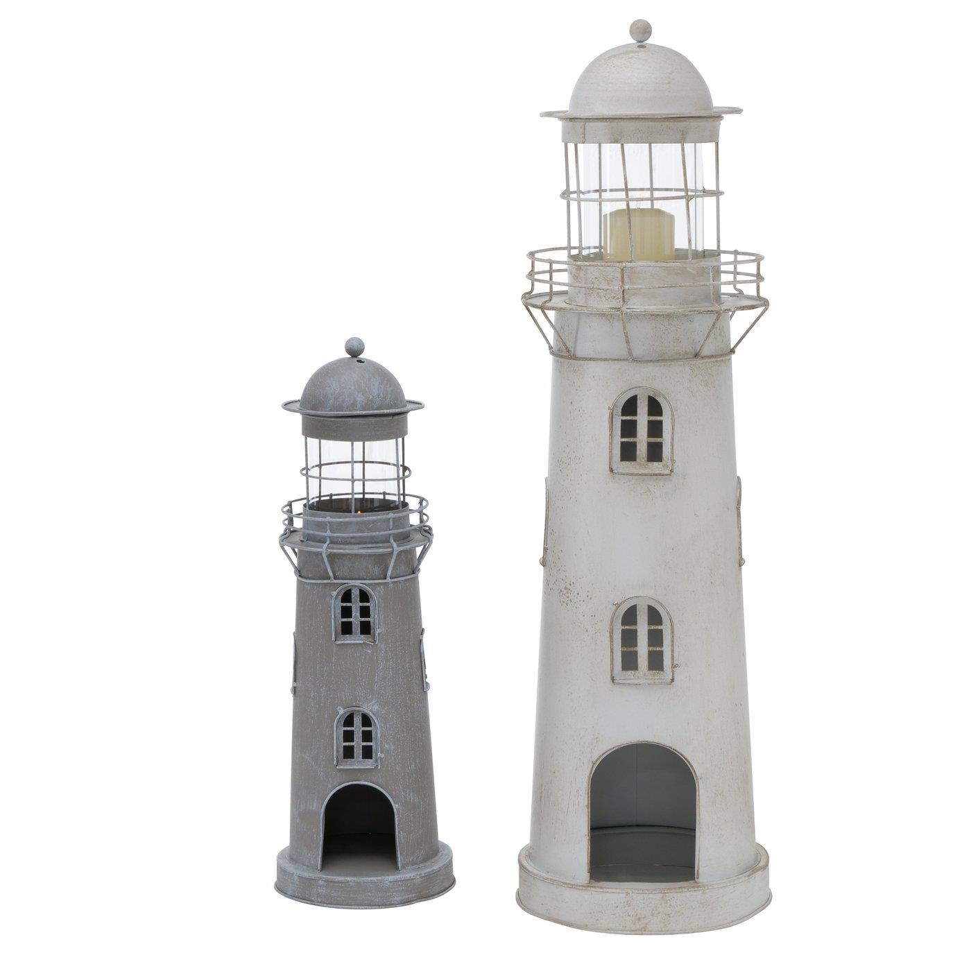 Boltze Home Lantaarn Vuurtoren Grijs-wit Glas/Metaal Set 2-delig H54-75cm