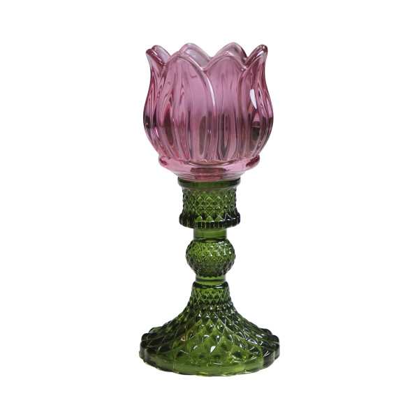 Theelichthouder Tulp glas roze 19cm