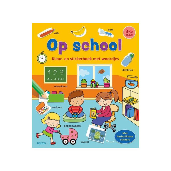 Kleur/stickerboek met woordjes - school