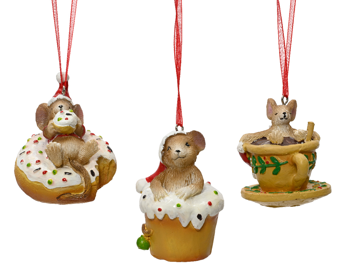 Decoris Kersthanger Muis Polyresin Op Donut, Cupcake Of In Kopje - L5,7cm-