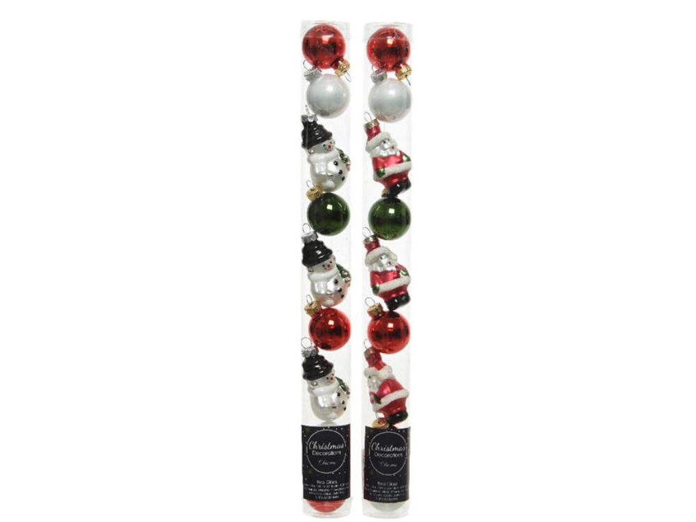 Decoris Koker Kerstfiguren Van Glas, Koker A 9 Stuks Wit/rood/groen