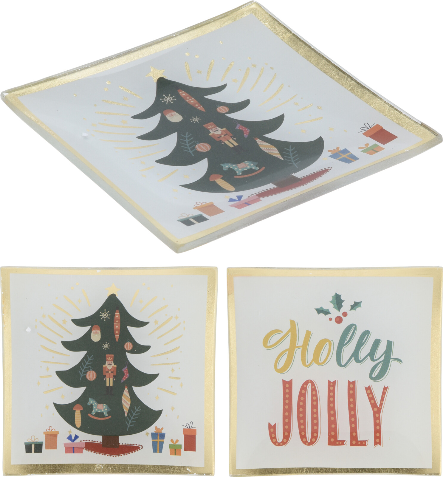 Bord Kerst Glas 10x10cm everlands kunstkerstboom/tekst Holly Jolly