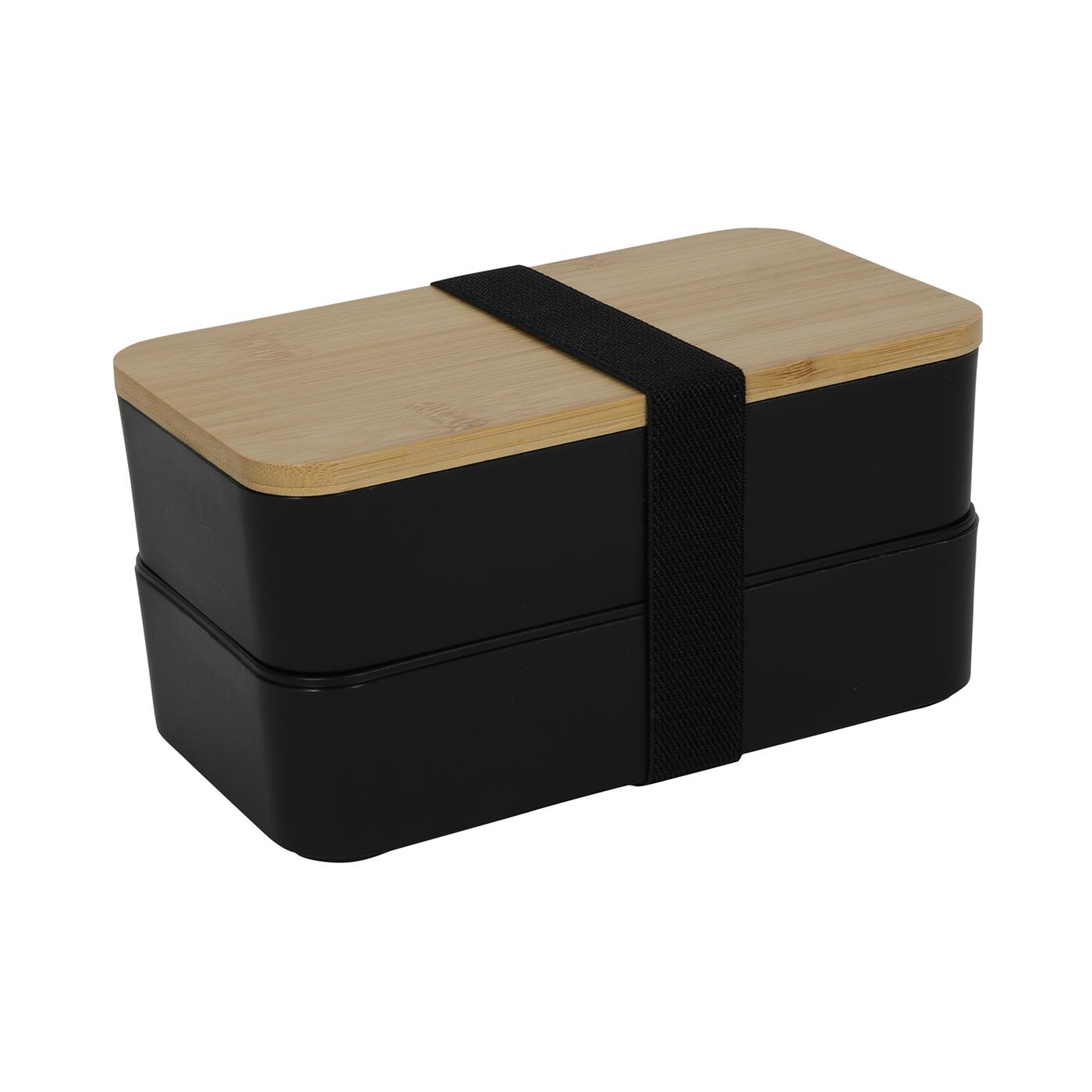 Lunchbox Dubbel Met Bamboe Deksel 18x10x9,5cm Zwart