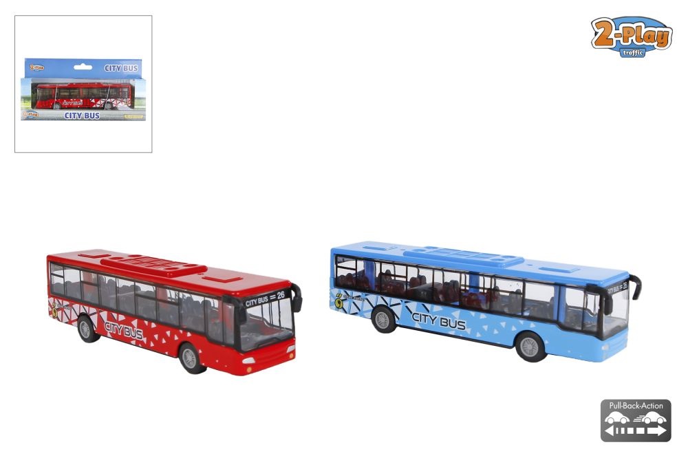 2-Play Stadsbus Die Cast Pull Back<br>
Assorti 15cm