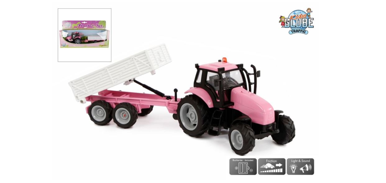 Kids Globe Tractor Met Aanhanger Met Licht En Geluid Die Cast Rose