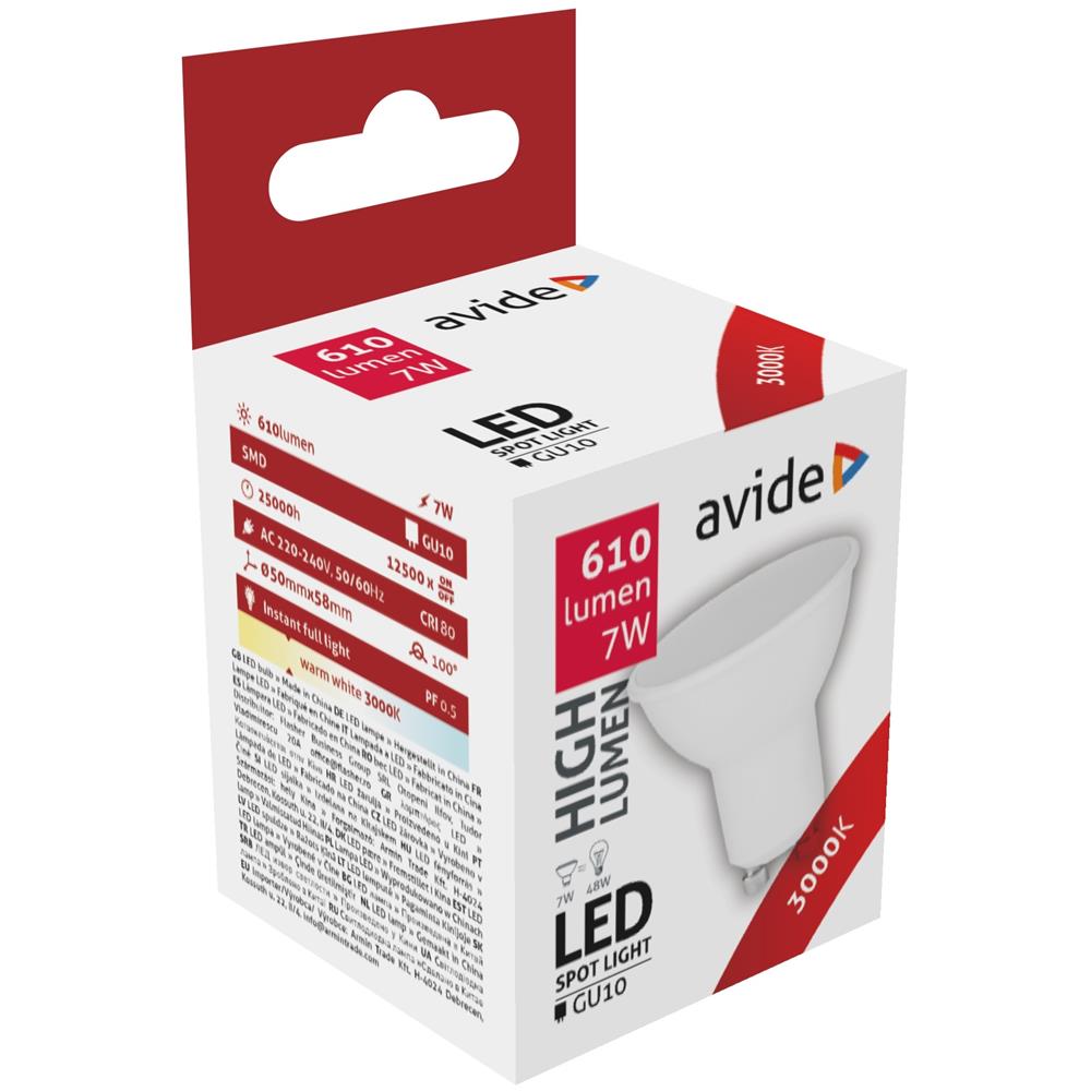 Avide LED Spotlamp Alu+kunststof 7W GU10 3000 Kelvin Warmwit 610 Lumen