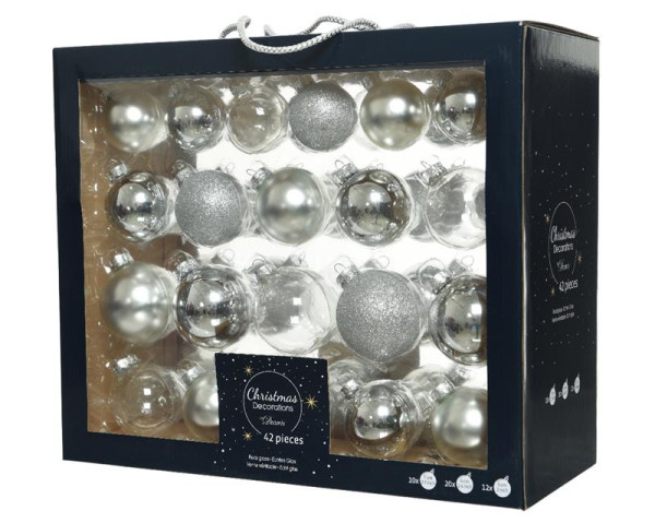 Kerstballenset glas mix zilver42 st.