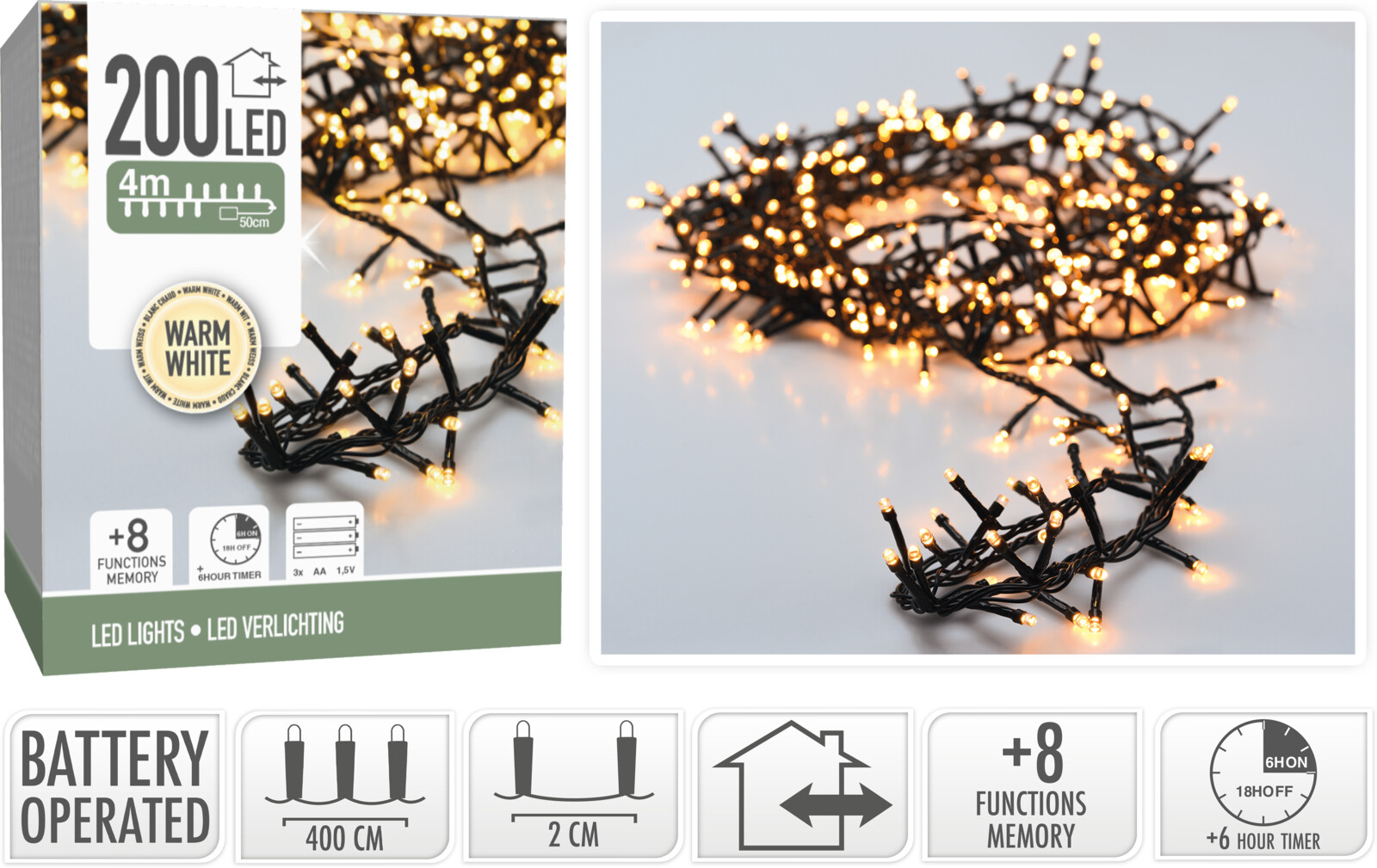 Micro Cluster 200 led 4m warm wit Batterij Lichtfuncties Geheugen Timer