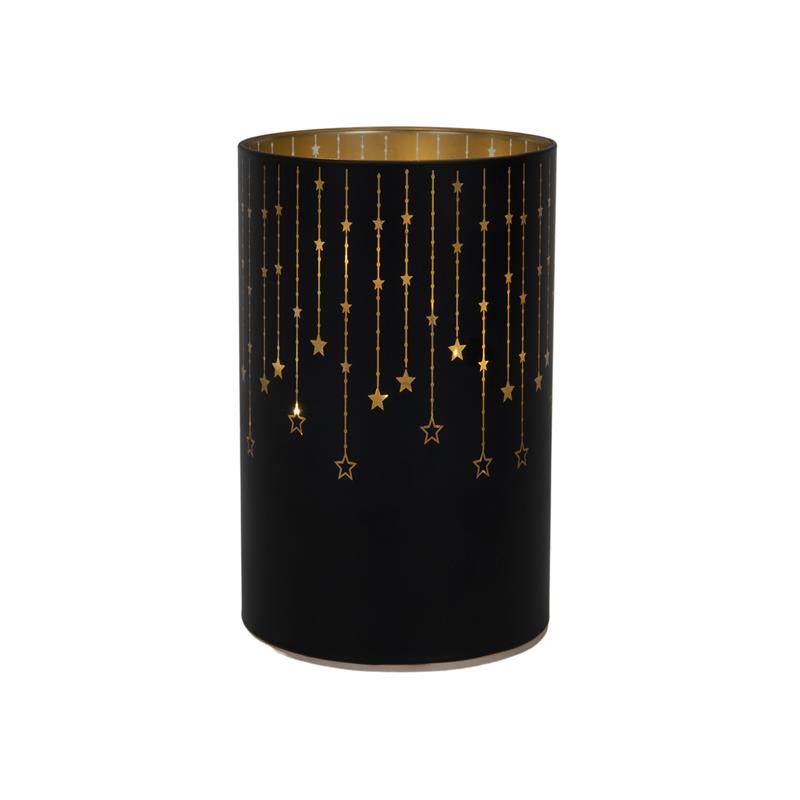 Decoratieve Lantaarn Van Glas 14cm LED Zwart Goud Met Sterren Timer (exclusief 3