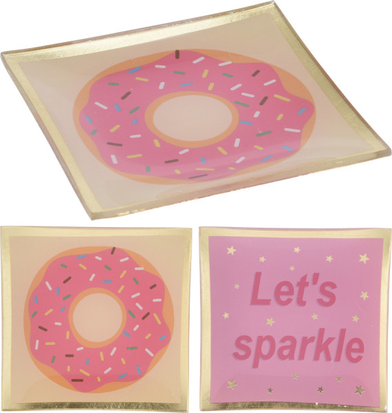 Bord glas 10x10cm tekst/donut