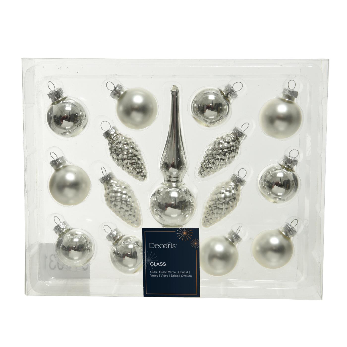 Decoris Kerstballenset Mini Zilver Van Glas 15-delig Set