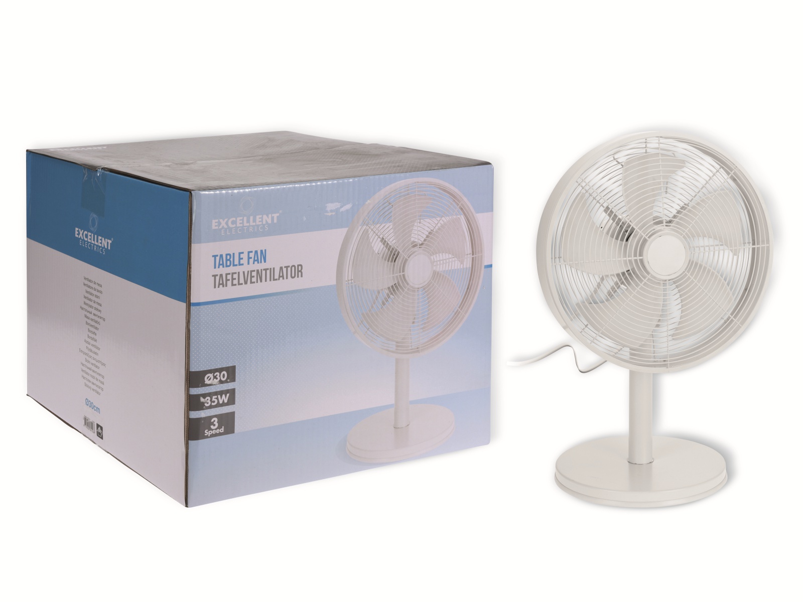 Luxe Tafelventilator Diameter 30cm Wit Met 3 Snelheden 35Watt