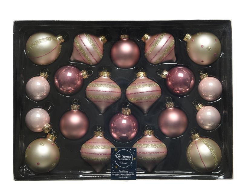 Decoris Glazen Kerstballenset In Assorti Kleuren En Vormen, Set A 20 Stuks