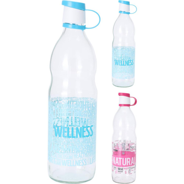 Fles glas 1l met tekst in roze of blauw