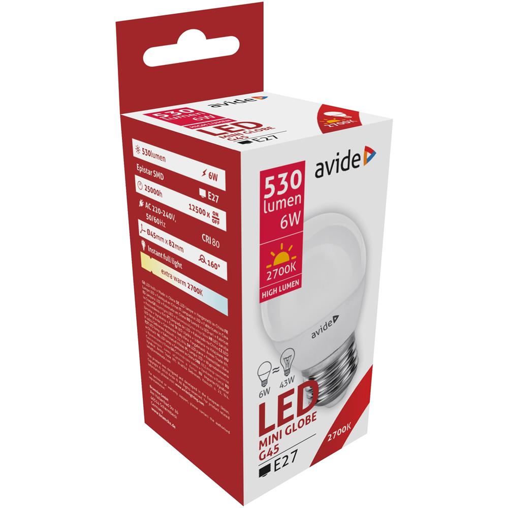 Avide LED Mini Globe Lamp 6W E27 Fitting 2700 Kelvin Extra Warmwit 530 Lumen