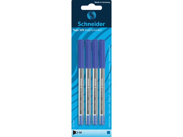 Balpen Schneider Tops 505M blauw medium 4 stuks op blister