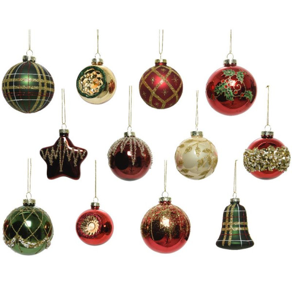 Kerstballen mix glas 12 stuks kerstkleur