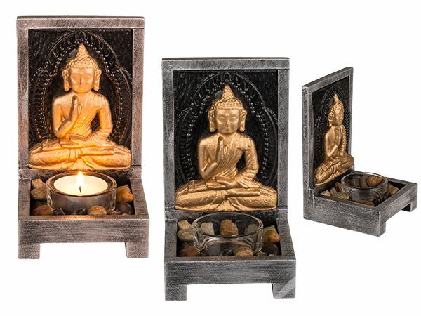 Houten theelichthouder Buddha 15x9cm