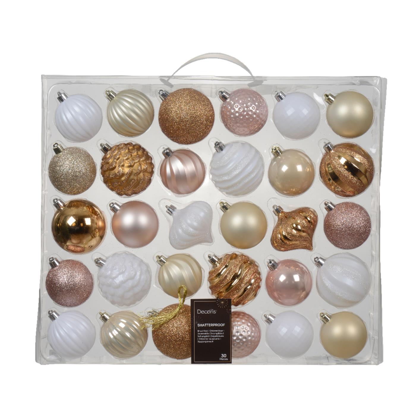 Decoris Kerstballenset Van Kunststof In Roze/wit/goud Box A 30 Ballen