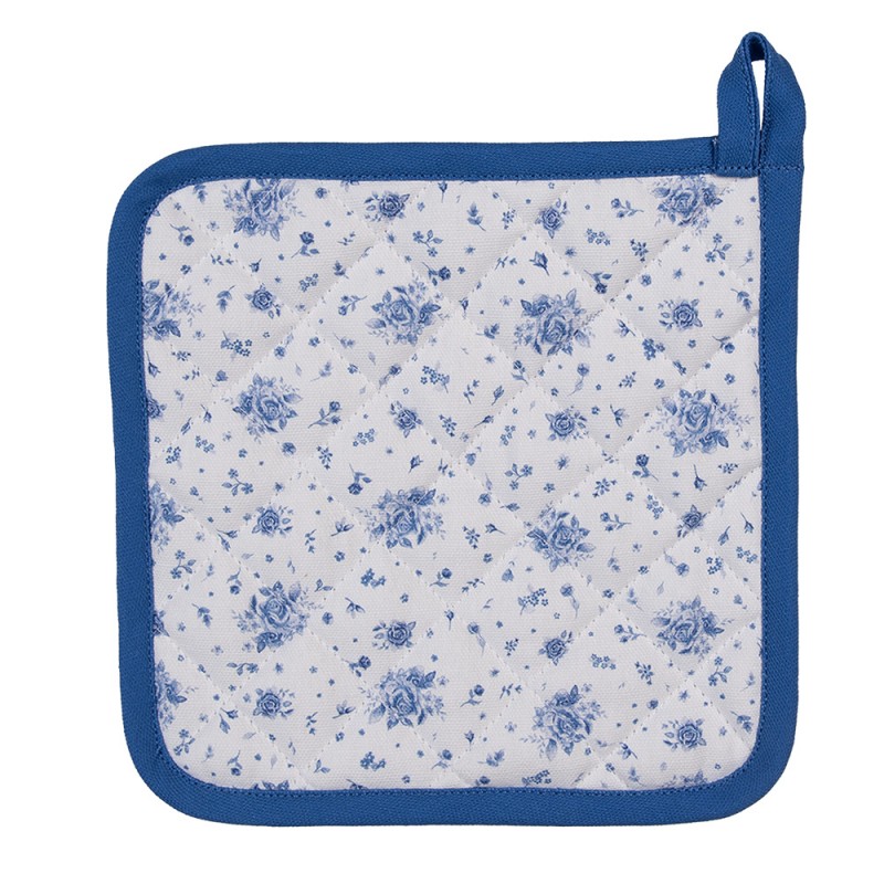 Clayre & Eef Pannenlap 20x20 cm Wit Blauw Katoen Vierkant Roosjes Blauw