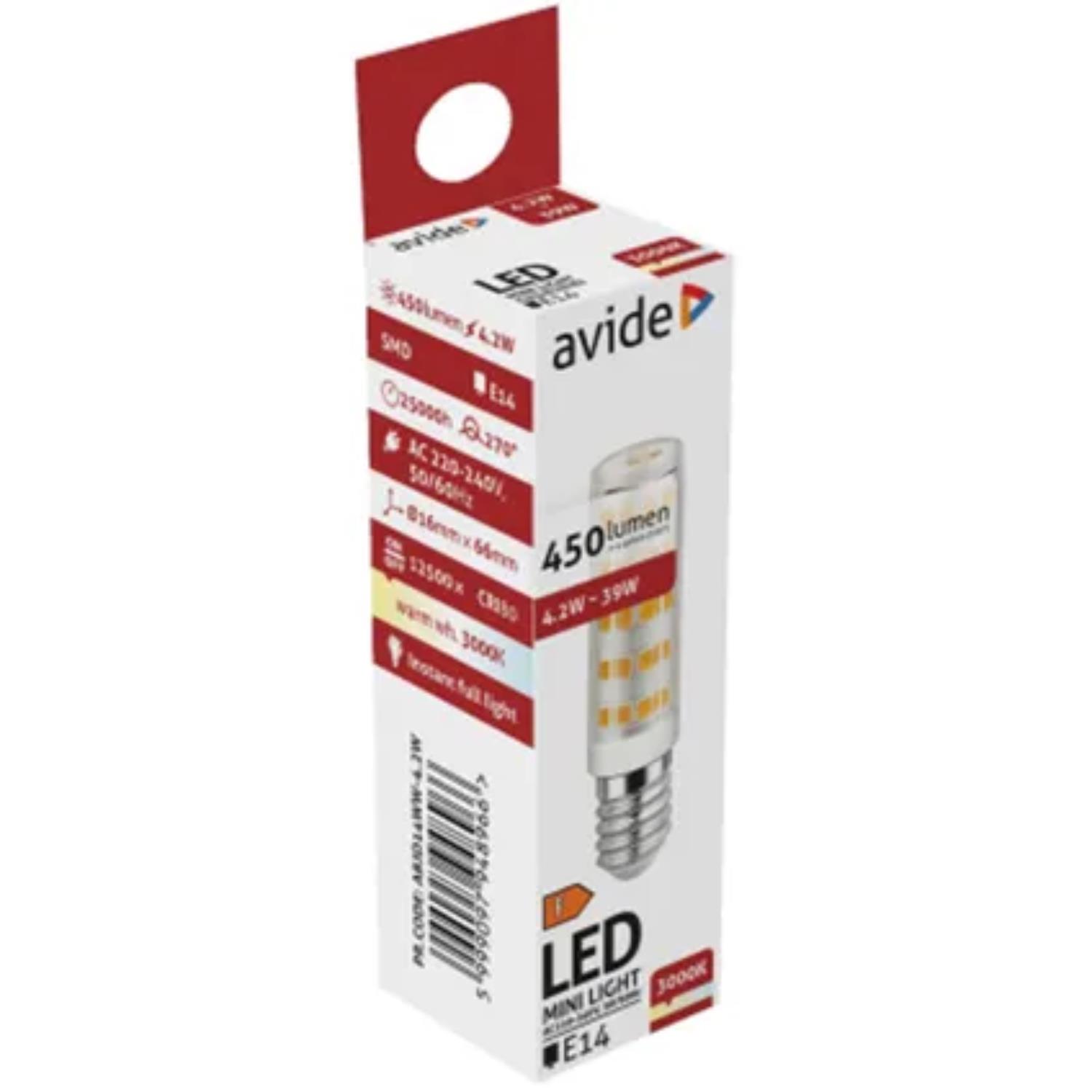 Avide LED Minilight 4,2W JD E14 Fitting, 3000 Kelvin Warmwit, 450Lumen