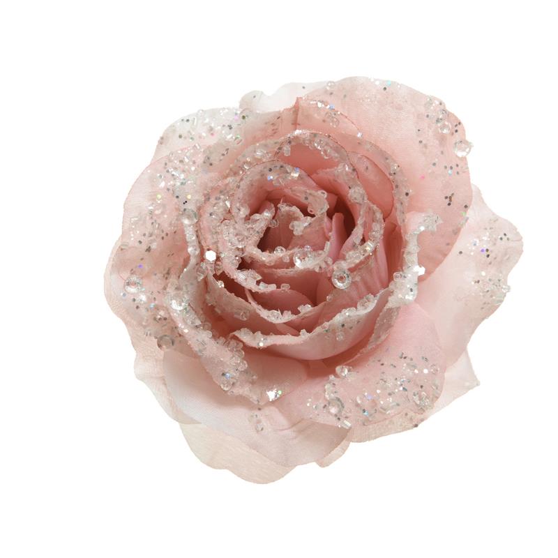 Decoris Kerstdecoratie Roos Op Clip Polyester Poeder Roze Dia14x8,5cm