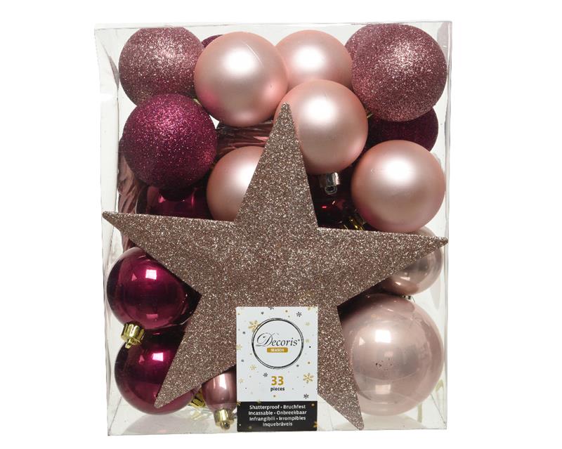 Decoris Onbreekbare Kerstballenset A 33 Stuks Met Piek In Assorti Kleuren Blush