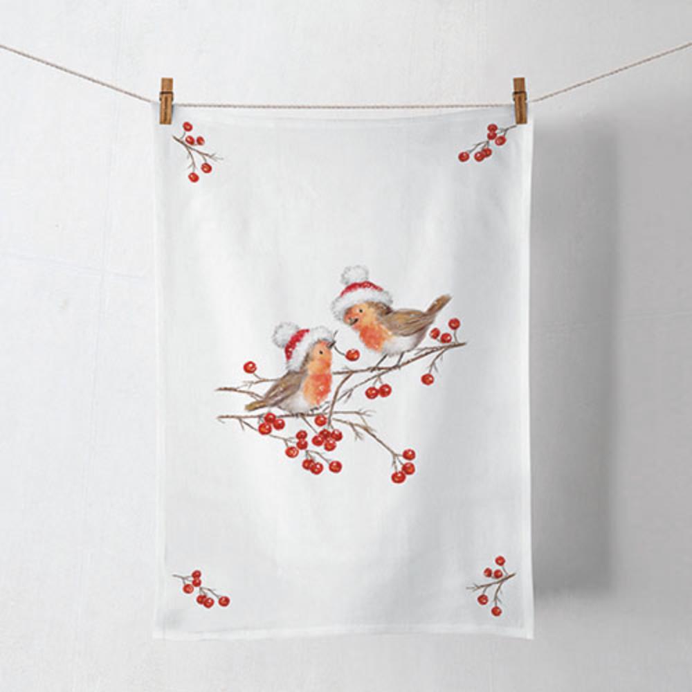 Ambiente Theedoek Christmas Robins White