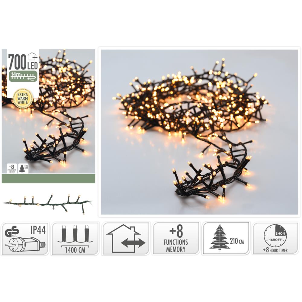 Microcluster Kerstverlichting 700 Led 14m Extra Warm Wit Met 8 Uur Timer En 8