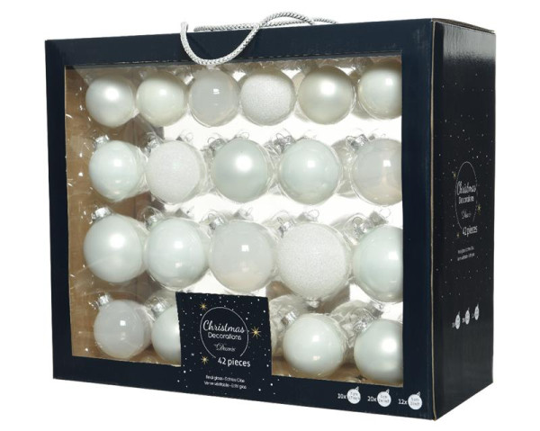 Kerstballenset glas mix winterwit 42st