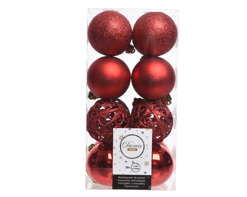 Decoris Kerstballenset Kunststof Mix 16 Delig Dia6cm Kerstrood