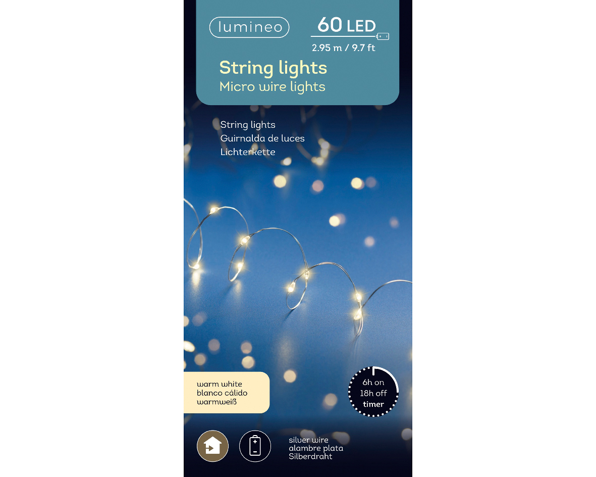 Lumineo draadverlichting zilverdraad 60 warm witte lampjes -295 cm Lichtsnoeren