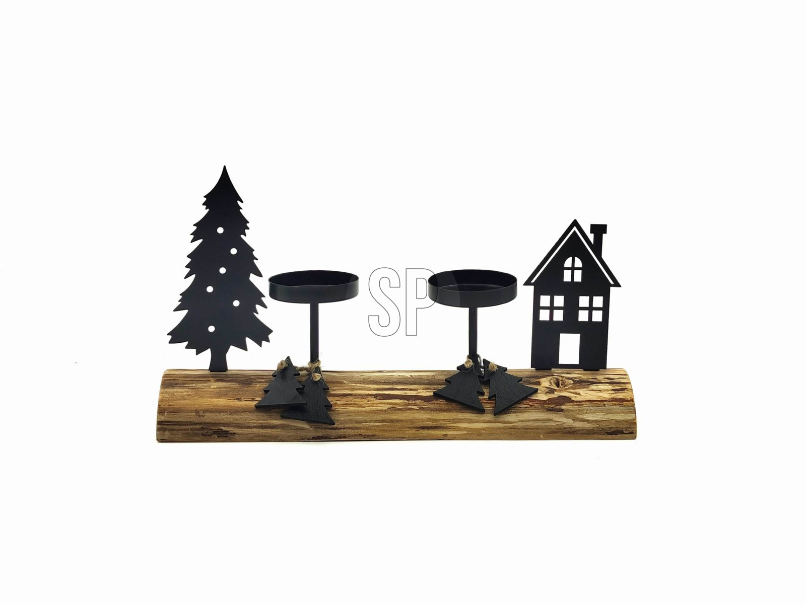 Theelichthouder Kersttafereel Zwart/hout