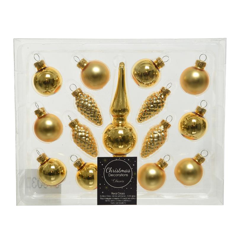 Decoris Mini Kerstballen Set Glas Met Piek 3cm 15 Stuks Licht Goud